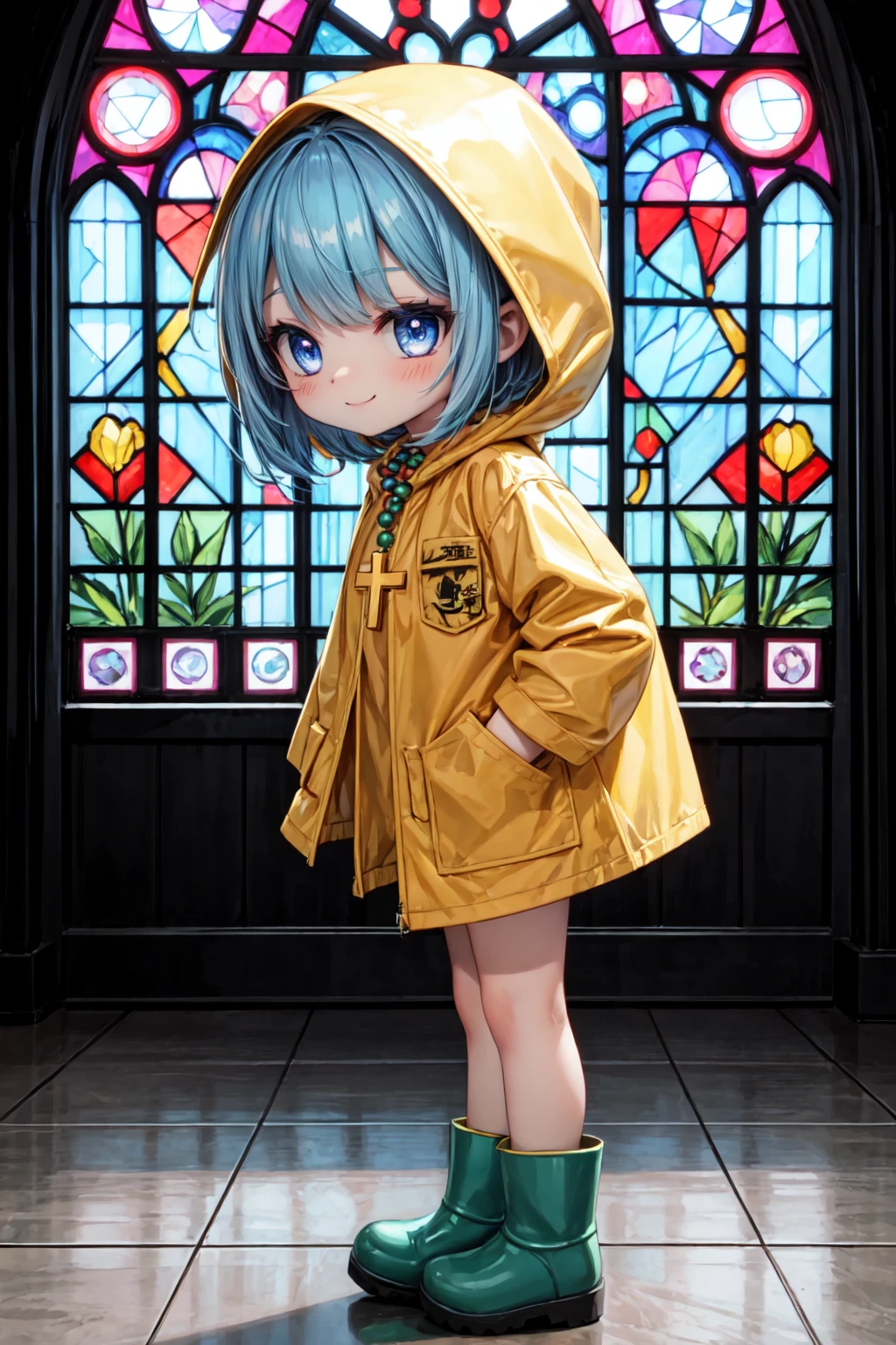 masterpiece,best quality,highest detailed,depth of field,(chibi:1.3),1girl,solo,Luce,short hair,blue hair,(swept bangs:1.3),blue eyes,flat chest,jewelry,beads,cross necklace,(hood up),yellow raincoat,white shirt,long sleeves,pocket,rubber boots,(green footwear),standing,smile,(hands in pockets),bent over,church,stained glass,from side,<lora:Concept-control tool-add_detail-CyberAIchemist:0.9>,<lora:Luce(jubilee_2025):1.1>,