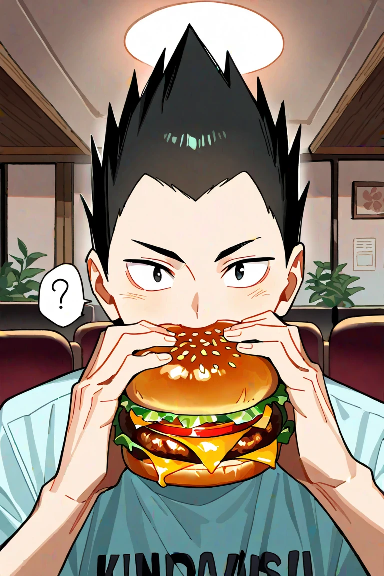 day, natural lighting, question mark, male focus, eating, holding burger, covered mouth, looking at viewer, smiling, KindaichiHU, black_KindaichiHU_spiked hair, black_KindaichiHU_eyes, shirt, print on shirt, 1boy, indoors restaurant, straight-on, intricately detailed illustration, masterpiece, best quality, amazing quality, very aesthetic, absurdres, newest