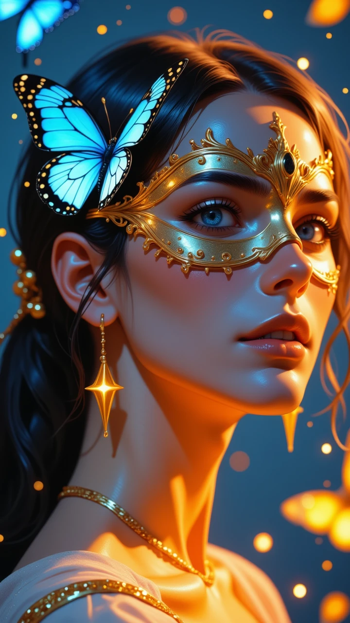 high fashion magazine cover with the word "sparkle", prominently displayed, high fashion photo, professional, close up, women, beauty, harmonious, face focus, ANIcoMEij, comic style, comic, pencil scatch, drawing, a woman, venice mask, handmade, jewelery, blue butterfly, blurry, bug, butterfly, butterfly hair ornament, butterfly on hand, butterfly wings, depth of field, glowing, glowing butterfly, lipstick, long hair, makeup, parted lips, solo, white butterfly, yellow butterfly, neon luminescent glow, comic site, multiple parts emotional, eye view, detailed, intimate, clear, personal, highly contrasted, excellent composition, advanced cinematic perfect light, highly color focused, dynamic, <lora:ANIcoMEij_Style4FLUX-000009:1>, floating stardust, stardust, sparkle, stardustij, <lora:Stardustij_STYLE4FLUX:0.5>, black butterfly,