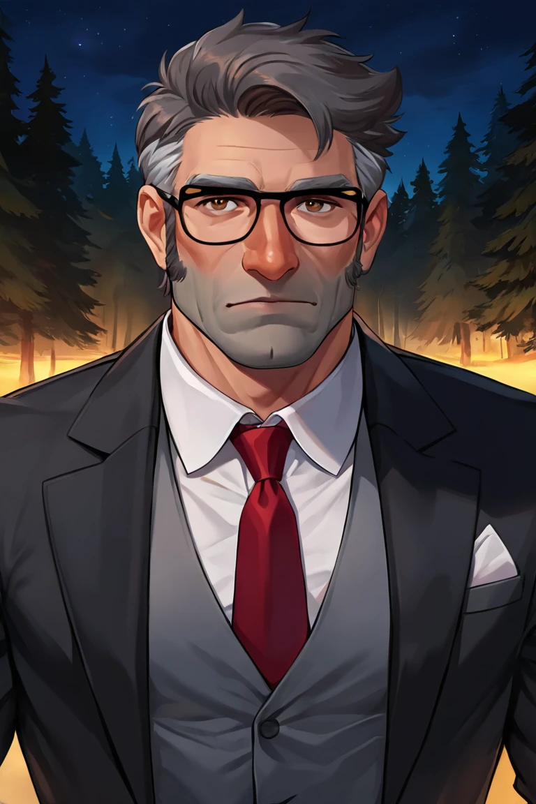 masterpiece, best quality, highres, extremely aesthetic, stanford pines, 1boy, solo, male focus, mature male, muscular male, old man, short hair, grey hair, two-tone hair, brown eyes, thick eyebrows, glasses, black-framed eyewear, facial hair, stubble, long sideburns, looking at viewer, formal, suit, black suit, grey vest, white shirt, red necktie, standing, upper body, portrait, outdoors, forest, pine tree, night, night sky <lora:Stanford (Ford) Pines - Gravity Falls v1.0 MIX [LoRA] - NoobAI-XL EPS 1.0:0.8>