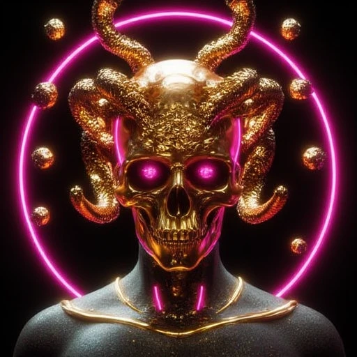 surreal scene. The central figure is a stylized human head, This is a highly detailed, curved horns that spiral upwards from the top of the head. The horns are depicted with intricate, gothic, and a detailed cranium texture., futuristic humanoid figure rendered in a sleek, glowing pink hue emanating from within, neon-lit helmet or visor that covers the eyes and forehead, gleaming golden skull. The skull is intricately detailed