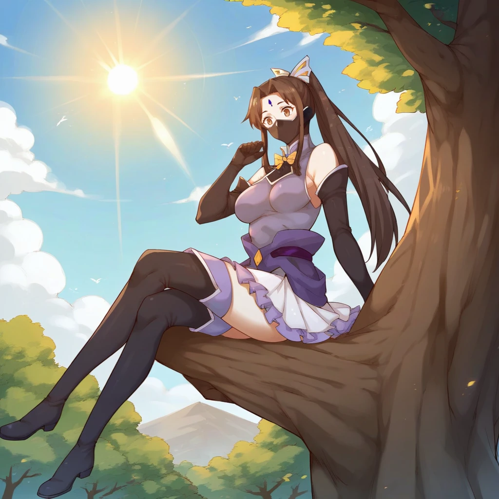 score_9_up, score_8_up, score_7_up, source_anime, 1girl, solo, sun light, sky, clouds, sitting on tree, from below, full body, windy, floating hair, looking ahead, parted lips, Xia_Ning, Shang_Def, brown hair, long hair, ponytail, brown eyes, (face mask)++, forehead mark, hair ornament, elbow gloves, black gloves, purple shawl, yellow bow, bowtie, turtleneck, purple dress, dress, covered breasts, sleeveless dress, frilled skirt, layered skirt, purple skirt, white skirt, purple belt, thigh boots, black footwear, mature body, dynamic cowboy shot, 