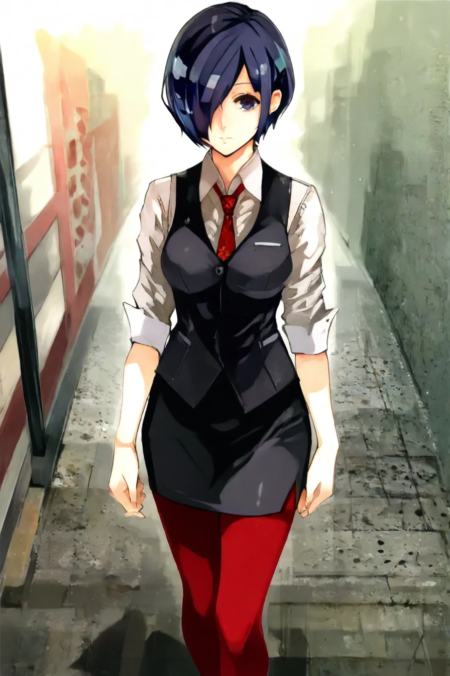 score_9, score_8_up, score_7_up, score_6_up, score_5_up, score_4_up,  <lora:tokyoghoul_kirishima_ponyXL:0.6> kirishima touka, blue hair, hair over one eye, blue eyes, white shirt, necktie, sleeves rolled up, black vest, pencil skirt, red pantyhose, 1girl, <lora:Sui_Ishida_style_IllustriousXL:1>, sui_Ishida_style,  solo, alone, standing, looking at the viewer, masterpiece, highres