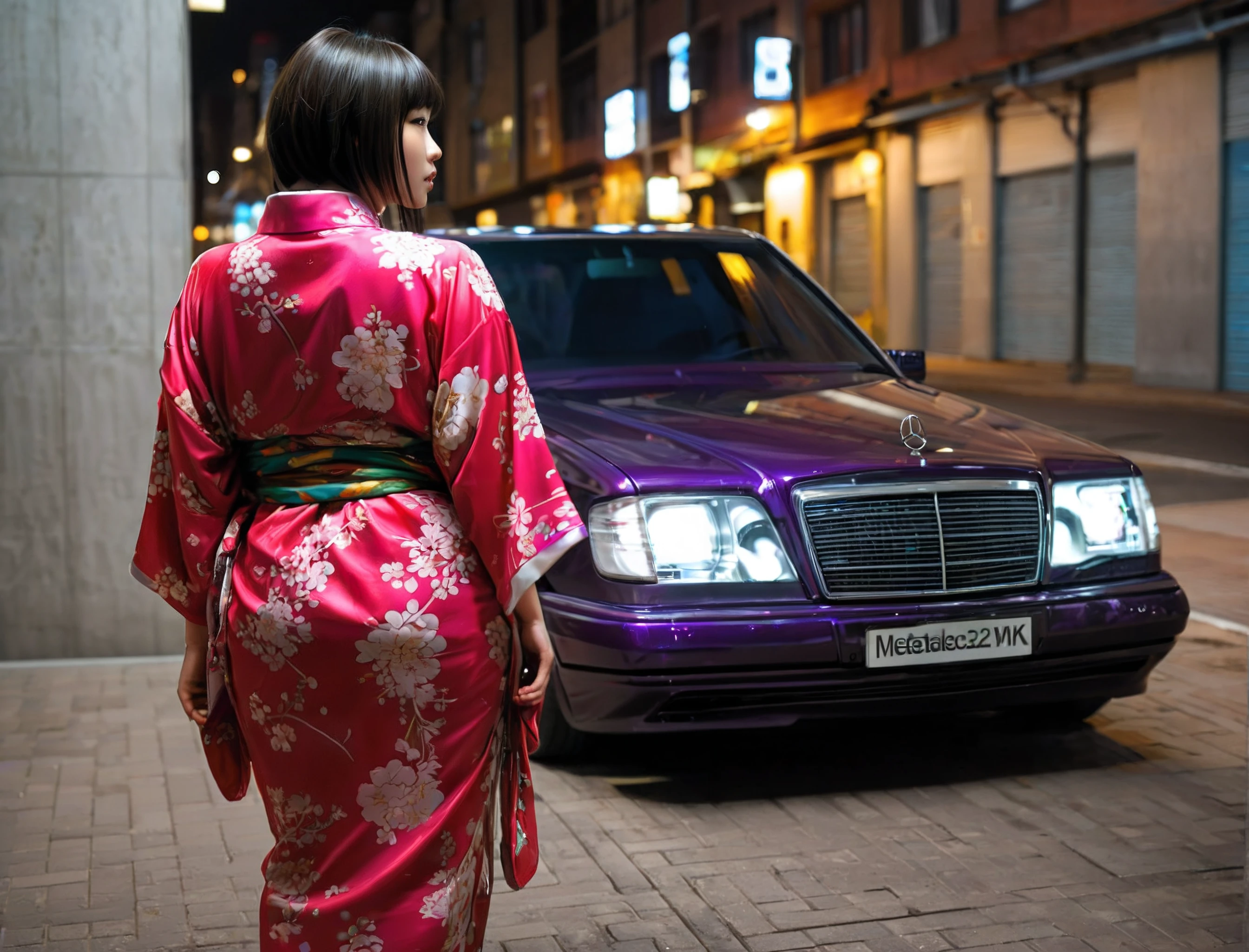 cyberpunk city at night  ,  1girl, a chubby japanese woman, hair bangs, silk leotard, hands behind back, facing viewer ,  cyberpunk city at night  ,  1car, a (purple metalflake) mercedes W124, from the front, gleaming, reflections<lora:wx124sdxl:1>