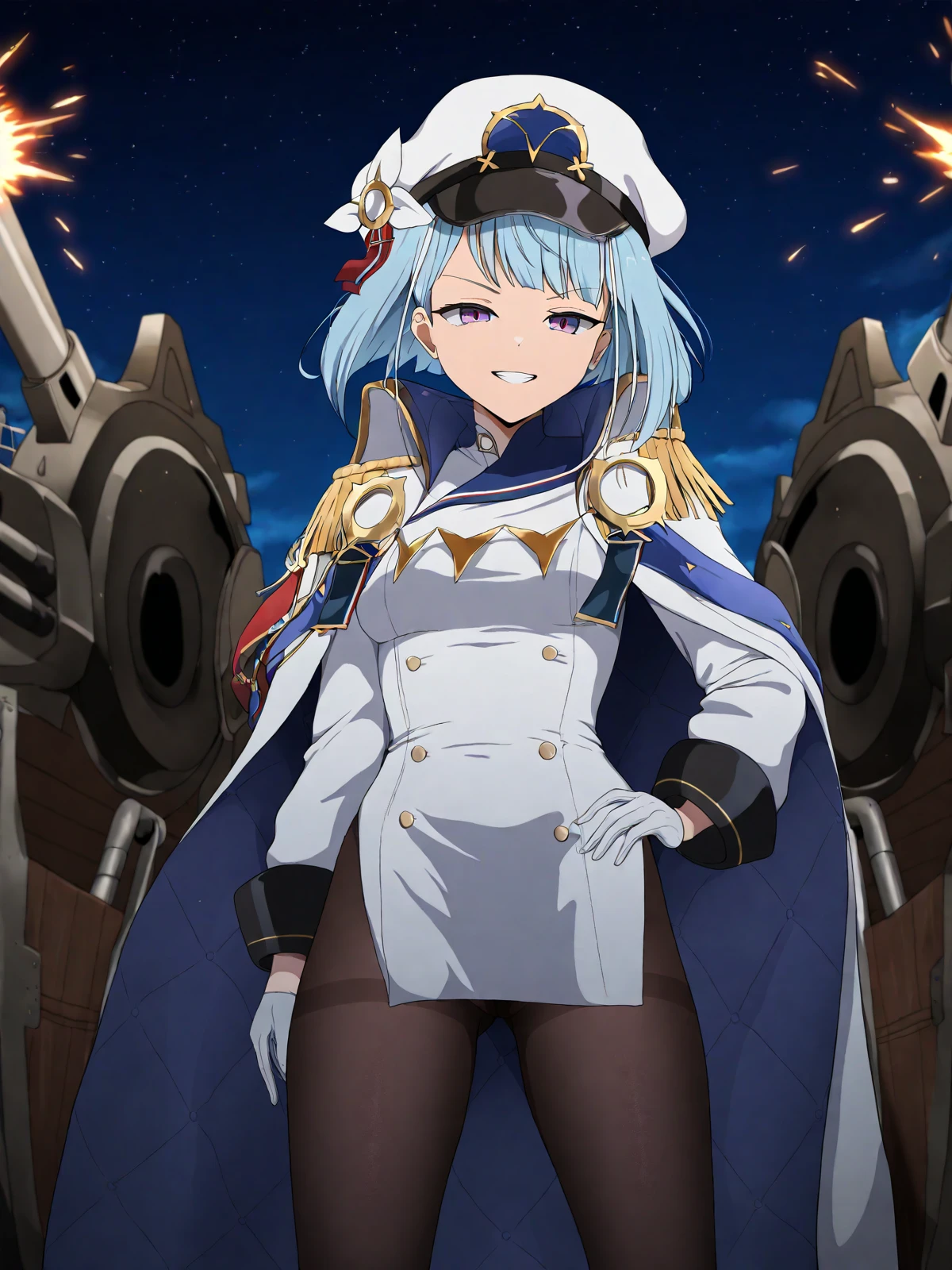 masterpiece, best quality, (coro fae, anime coloring:1.1)
BREAK
navy captain landy \(epic seven\), blue hair, purple eyes, military hat, white headwear, military uniform, epaulettes, white dress, long sleeves, white gloves, white cape, black pantyhose
BREAK
1girl, solo, standing, grin, ship, cannon, firing, night sky
<lora:captain-landy_nai-eps-sv_fro-0.98-16-16:1>