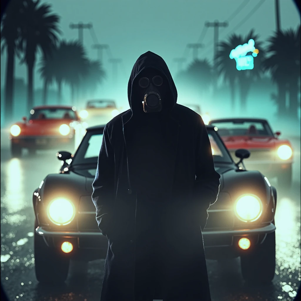 Imagine an image in the style of gritty, fog-soaked retro-noir cyberpunk, where a hooded figure in a gas mask stands on a deserted rain-slicked street. The figure is shrouded in thick, swirling fog, with hazy neon lights from distant signs casting fractured beams through the mist. Classic sports cars line the road, their headlights diffused by the fog, giving an eerie, haunting glow as the protagonist prepares for an enigmatic journey.