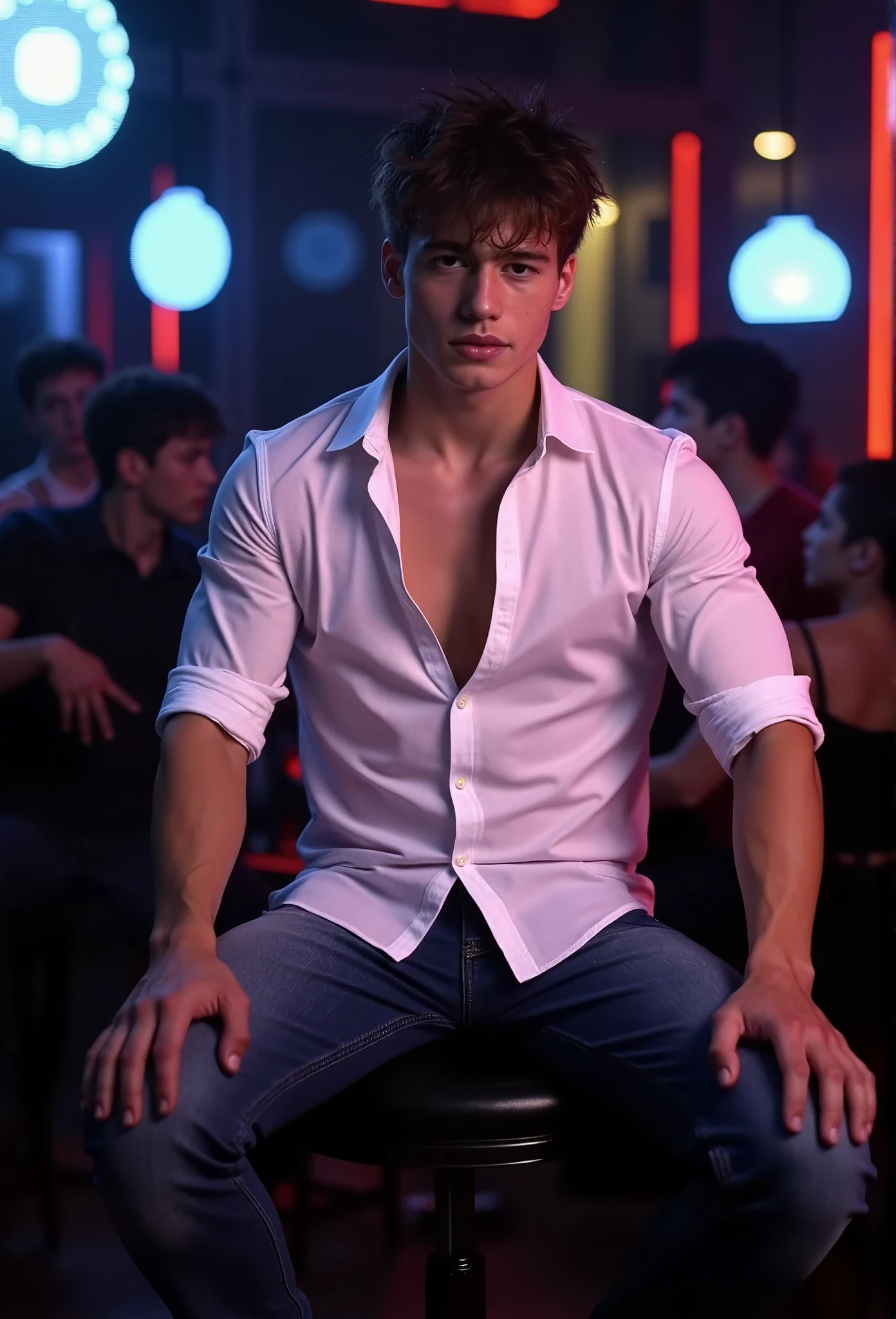 Upper body image, ((Bach)), clubbing attire, ((masterpiece)), ((best quality:1.2)), High Resolution, 8k, (ultra_realistic:1.3), (photorealistic:1.4), sharp focus, 1boy, (perfect face), wide angle, handsome, ((he is wearing a tight fitted white button-up shirt:1.2)), ((two buttons undone)), ((shirt sleeves rolled up to his elbows)), ((shirt tight against his muscles)), he is wearing fitted denim jeans, black belt with silver buckle, sitting on barstool in nightclub, ((leaning back with legs spread wide)), nightclub lighting, dark atmosphere, brown eyes, short messy brown hair, solo, 1boy, perfect hands, defined toned body, clean shaven,