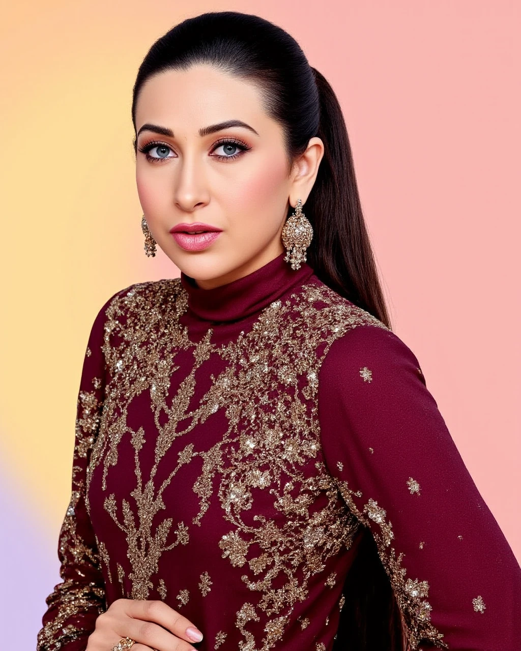 cowboy shot photo of Karisma Kapoor woman,candid photo with natural colors, shouting expression on face,studio quality, wearing intricate conservative turtleneck Maroon Anarkali Suit, high ponytail, pastel shaded multicolored background, cinematic soft lighting<lora:TestBed\Karisma_Kapoor_Flux_Kohya_V1.safetensors:1.0:1.0>