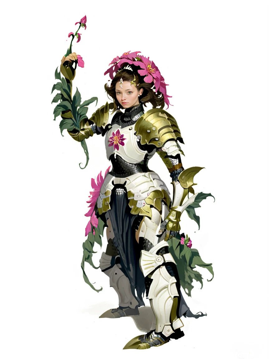 <lora:yangjXL:1> yangj, woman, armor, flower, white background,