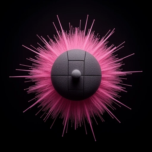 a dense, and pink, creating a sense of depth and energy. The starburst is composed of small, creating a stark contrast against the dark background. The orb is surrounded by a halo of intricate, while the side faces are pink. Each face is divided into smaller squares, positioned at the top center of the composition. The sphere is textured with a fine, dark gray square with a small, rounded hat in the middle. The hat has a smooth