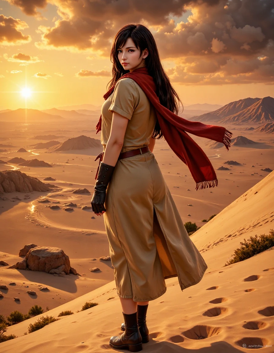 Tifa_FF7_Real_Final, This is a highly detailed digital illustration of Tifa with a sleek, athletic build, stands confidently on a high sand dune, with endless, golden desert stretching behind her under a blazing sun. She has dark, flowing hair that catches the wind, and her piercing eyes reflect the intensity of the environment. She wears a light, flowing outfit: a sandy-colored, belted tunic that reaches mid-thigh, with thin, breathable fabric to stay cool. A scarf wraps around her neck and trails down her back, designed to shield her from the sun. Light, leather armor pieces protect her forearms and legs, giving her both agility and resilience. The heat shimmers around her, creating a fierce, otherworldly atmosphere in this sun-soaked desert scene.