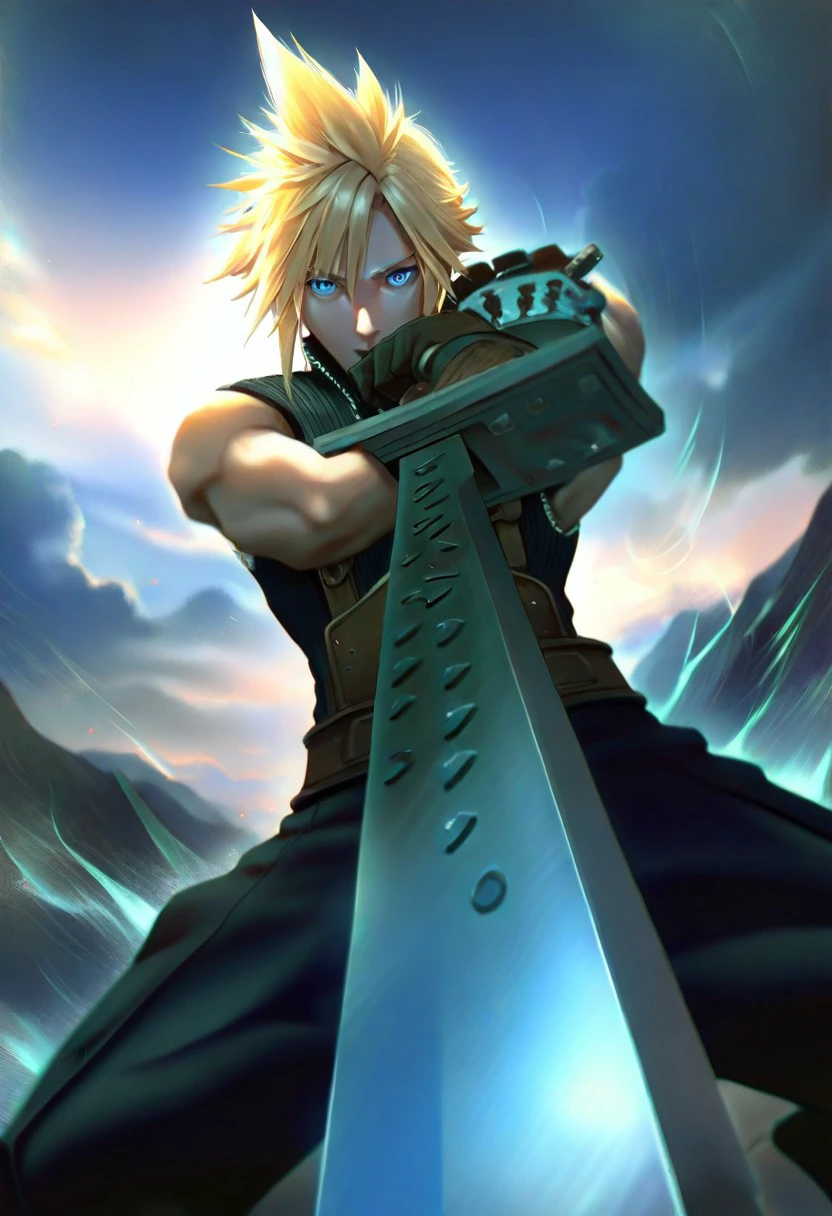 pearlescent, (Cloud Strife:1.3) from Final Fantasy, (1 boy:1.2) with (blonde hair:1.3) and (blue eyes:1.3), in a dynamic fighting stance, holding the iconic (Buster Sword:1.5). He stands solo outdoors, aiming directly at the viewer, showcasing dramatic foreshortening. The scene is infused with an (epic aura:1.4), emphasizing his determination and strength., cinematic angle, cinematic lighting, dynamic pose, masterpiece