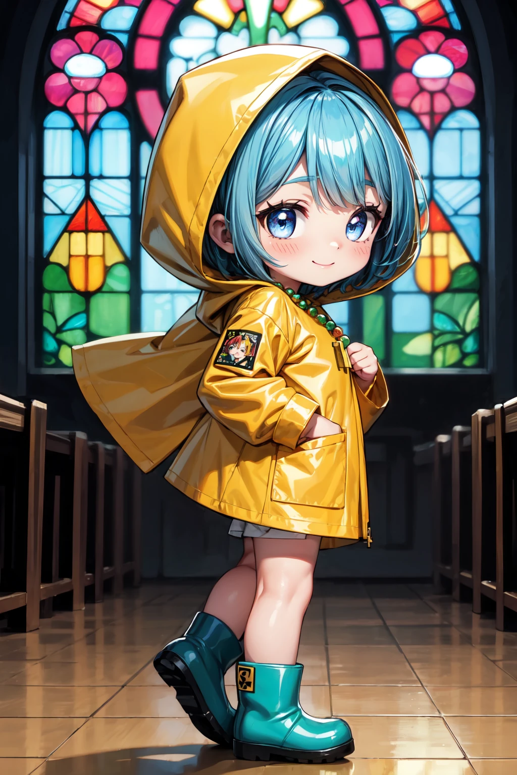 masterpiece,best quality,highest detailed,depth of field,(chibi:1.3),1girl,solo,Luce,short hair,blue hair,(swept bangs:1.3),blue eyes,flat chest,jewelry,beads,cross necklace,(hood up),yellow raincoat,white shirt,long sleeves,pocket,rubber boots,(green footwear),standing,smile,(hands in pockets),bent over,church,stained glass,from side,<lora:Concept-control tool-add_detail-CyberAIchemist:0.9>,<lora:Luce(jubilee_2025):1.1>,