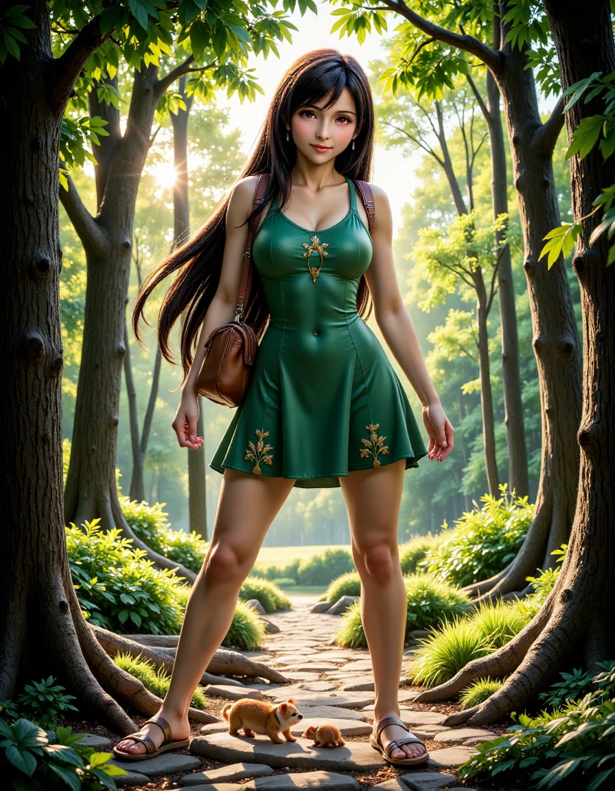 Tifa_FF7_Real_Final, This is a highly detailed digital illustration of Tifa with a sleek, athletic build, in an enchanted forest where mystical plants and glowing creatures fill the landscape. Her long, flowing dark hair and brilliant eyes reflect the soft, dappled sunlight streaming through the leaves. She’s wearing an ethereal, green-and-gold dress with delicate leaves and vines embroidered along the hem, and she carries a small satchel filled with herbs. Her feet are clad in lightweight sandals that seem to blend with the forest floor, and tiny woodland creatures gather near her, drawn to her calm aura. The forest is alive with magical light, giving the entire scene an enchanting and peaceful atmosphere.