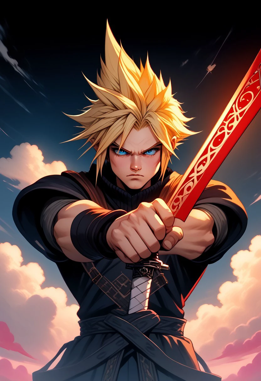 PonyXLV6_Scores BREAK  pearlescent, (Cloud Strife:1.3) from Final Fantasy, (1 boy:1.2) with (blonde hair:1.3) and (blue eyes:1.3), in a dynamic fighting stance, holding the iconic (Buster Sword:1.5). He stands solo outdoors, aiming directly at the viewer, showcasing dramatic foreshortening. The scene is infused with an (epic aura:1.4), emphasizing his determination and strength., cinematic angle, cinematic lighting