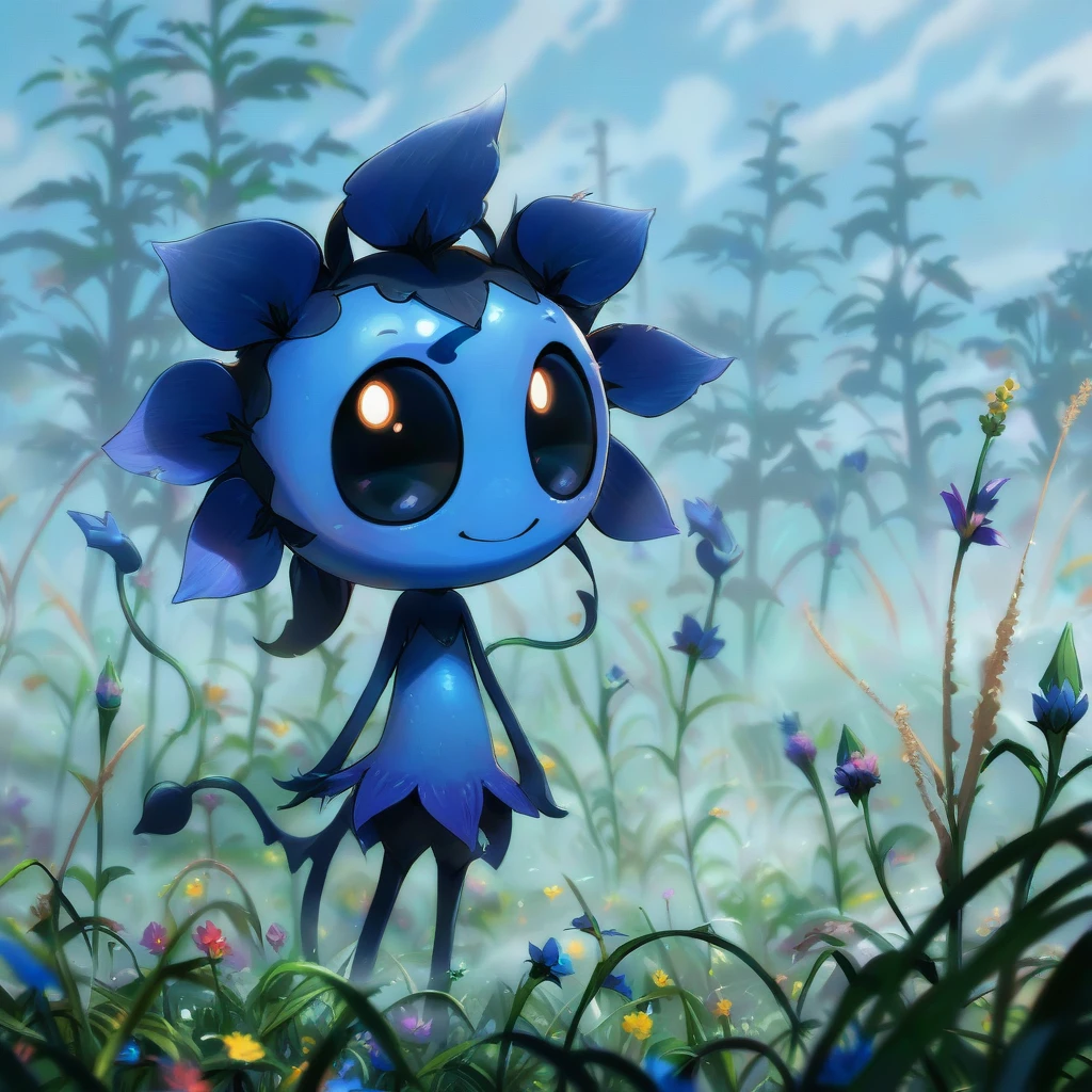 (masterpiece, best quality:1.3), 

cute blue devil flower, flower with smile, big eyes on the flower, fields of green, fog, blue sky, summer, happy, bright.