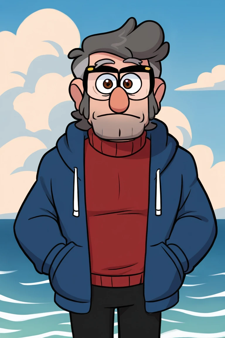 masterpiece, best quality, highres, extremely aesthetic, toon \(style\), stanford pines, 1boy, solo, male focus, mature male, muscular male, old man, short hair, grey hair, two-tone hair, brown eyes, thick eyebrows, glasses, black-framed eyewear, facial hair, stubble, long sideburns, looking at viewer, open clothes, blue hoodie, red turtleneck sweater, long sleeves, black pants, standing, cowboy shot, outdoors, blue sky, cloud, ocean <lora:Stanford (Ford) Pines - Gravity Falls v1.0 MIX [LoRA] - NoobAI-XL EPS 1.0:0.8>