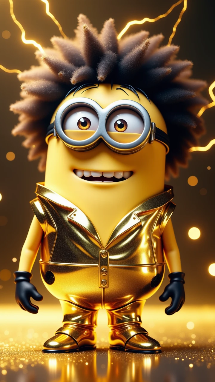 a minion, wearing a golden disco suit, flared trousers, afro disco lightning, dancing minion, stardustij, stardust effect, sparkle, shimmer, stardust swirling, surrounded by stardust <lora:Stardustij_STYLE4FLUX:0.7>,