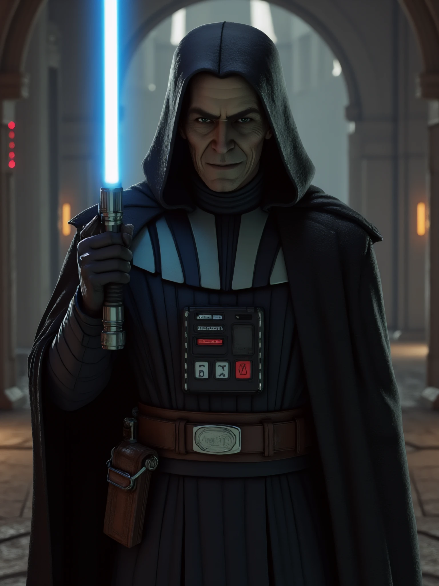 In the Star Wars universe, a man named gman holding a lightsaber in his hand, there are cedays in the background

gman