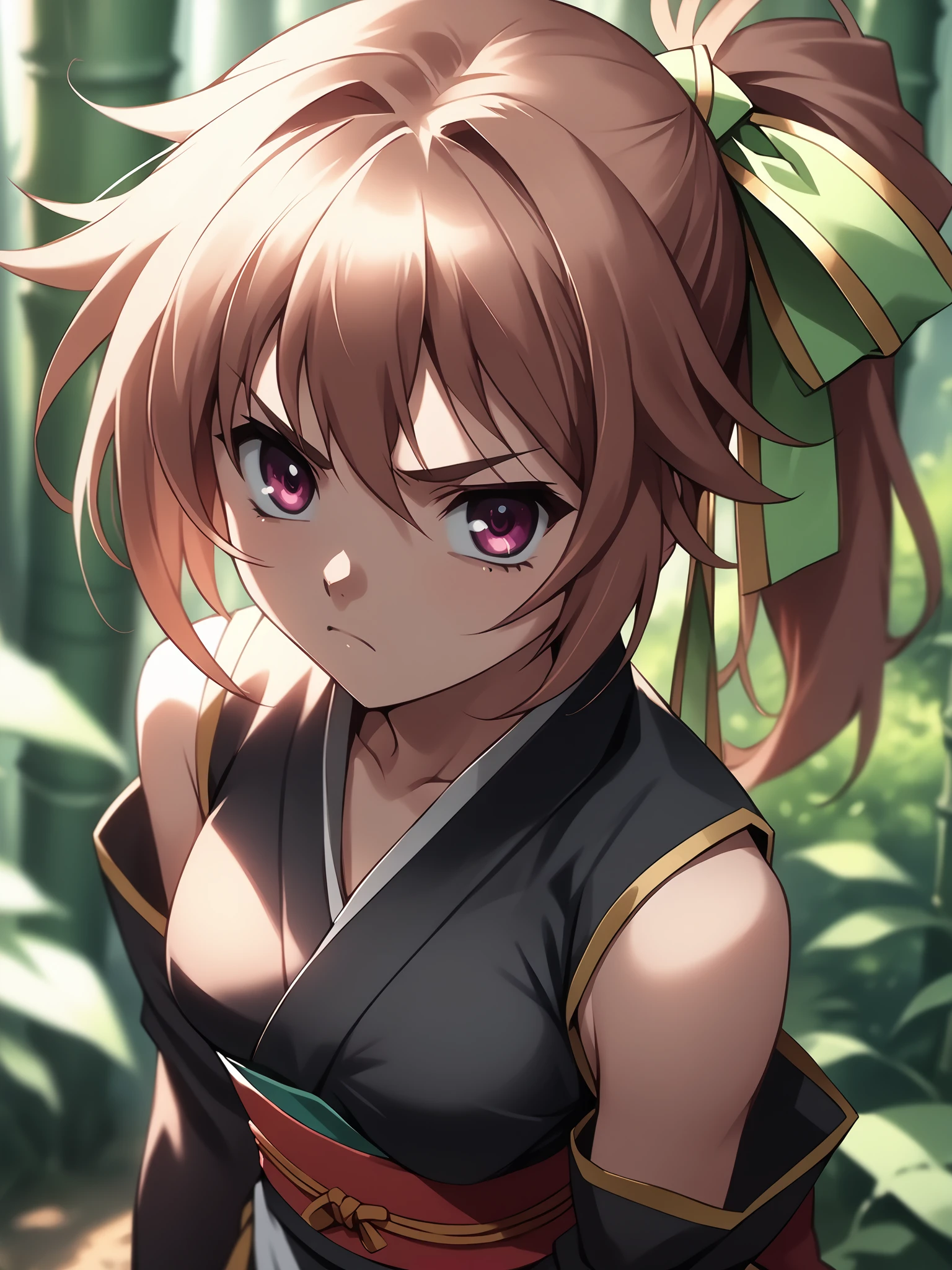 <lora:happy_tentacle-batai-v0.1-000030:0.9>, ht_batai, hair ribbon, (medium breasts:0.8), detached sleeves, panties aside , close-up, 1girl, solo focus,(annoyed:1), bamboo forest, chest sarashi, ninja, japanese armor, short kimono, obi , , depth of field, from above, (petite:1.2), [(realistic, photorealistic:1.2):(realistic:1.2):16] [(3d:1.2)::10] <lora:LUUNA's Lunas-NijiJourney-SDXL-B2:0.5>, nijijourney <lora:prgfrg23's Counterfeit-V3.0 Style SDXL_LoRA_Pony Diffusion V6 XL:0.5> <lora:mfcg's mfcgXL:0.1> <lora:Shed_The_Skin's StS_age_slider_v1_initial_release:-1.2>, score_9, score_8_up, score_7_up, score_6_up, score_5_up, score_4_up,