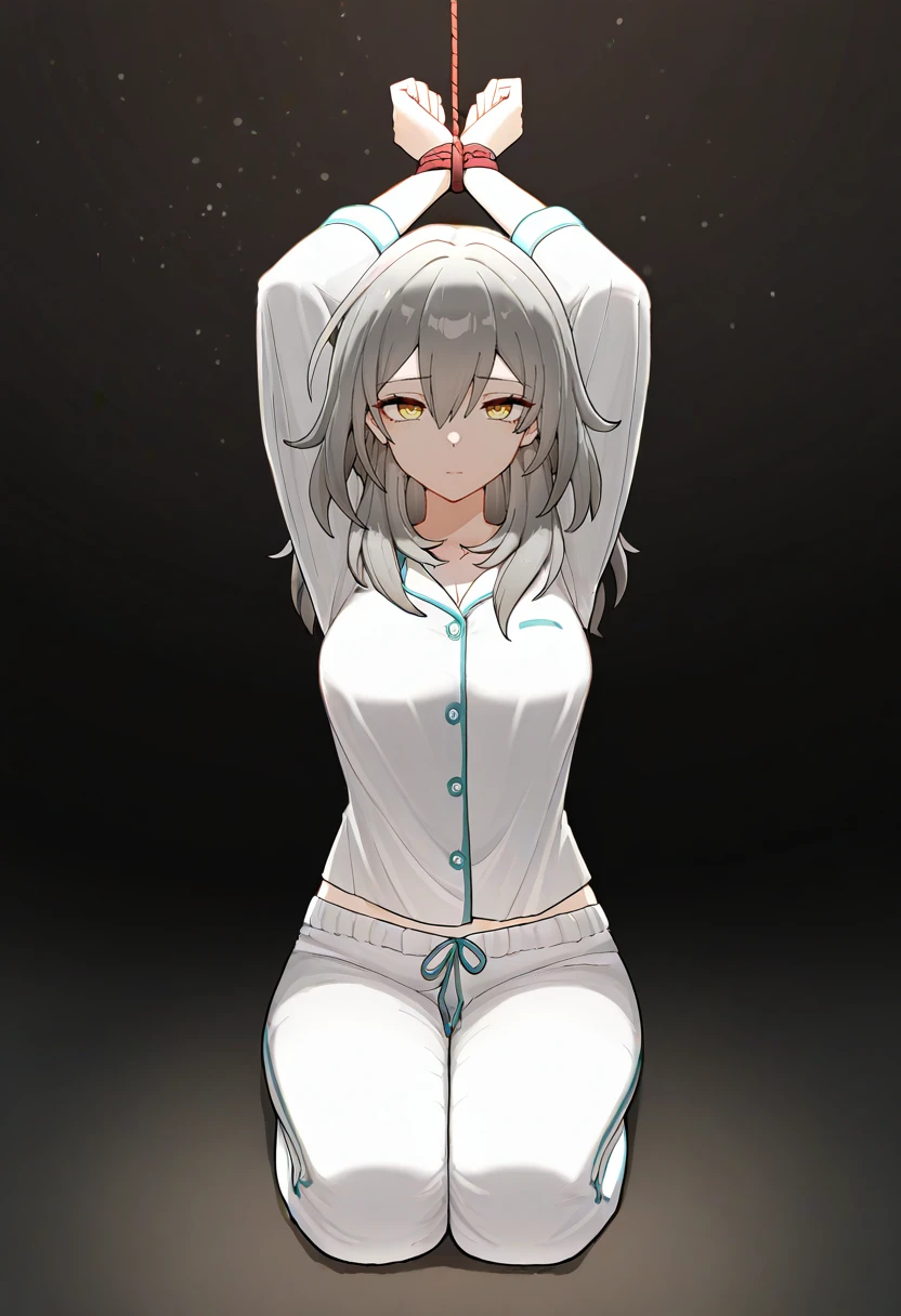 masterpiece, best quality, amazing quality, very aesthetic, absurdres,
1girl, solo, rmedium hair, pajamas, pants, medium breasts, stelle \(honkai: star rail\), 
black background, looking at viewer, seiza, straight-on, full body, 
arms up, bound wrists, rope,
<lora:boundwristsupillusxl:1>