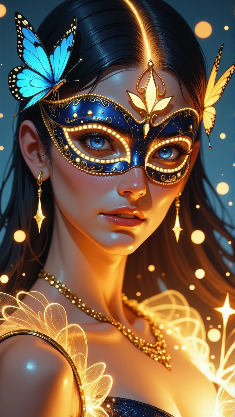 high fashion magazine cover with the word "sparkle", prominently displayed, high fashion photo, professional, close up, women, beauty, harmonious, face focus, ANIcoMEij, comic style, comic, pencil scatch, drawing, a woman, venice mask, handmade, jewelery, blue butterfly, blurry, bug, butterfly, butterfly hair ornament, butterfly on hand, butterfly wings, depth of field, glowing, glowing butterfly, lipstick, long hair, makeup, parted lips, solo, white butterfly, yellow butterfly, neon luminescent glow, comic site, multiple parts emotional, eye view, detailed, intimate, clear, personal, highly contrasted, excellent composition, advanced cinematic perfect light, highly color focused, dynamic, <lora:ANIcoMEij_Style4FLUX-000009:1>, black butterfly, stardustij, stardust effect, sparkle, shimmer, stardust swirling, dress surrounded by stardust <lora:Stardustij_STYLE4FLUX:0.5>, oblique perspective