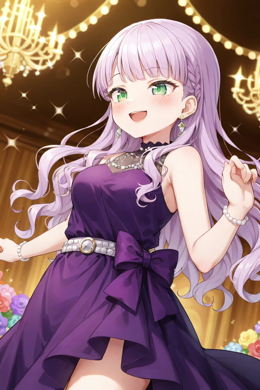 <lora:MargareteWien:0.8>, Margarete Wien, 1girl, solo, jewelry, bracelet, dress, purple dress, flower, smile, earrings, open mouth, blush, pearl bracelet, breasts, purple bow, belt, sparkle, sleeveless, dutch angle, purple shirt, bow, party, elegant, medium breasts,