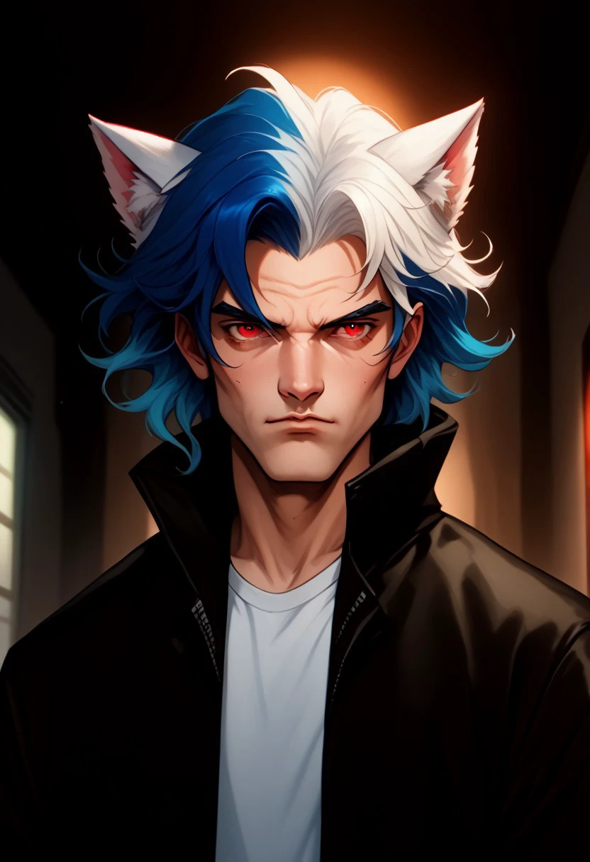 PonyXLV6_Scores BREAK pearlescent, 1boy, male focus, red eyes, blue hair, two tone hair, streaked hair, white hair, medium length hair, cat ears, animal ears, miqote, white shirt, leather jacket,p upper body, mature male, portrait, old, cinematic angle, cinematic lighting