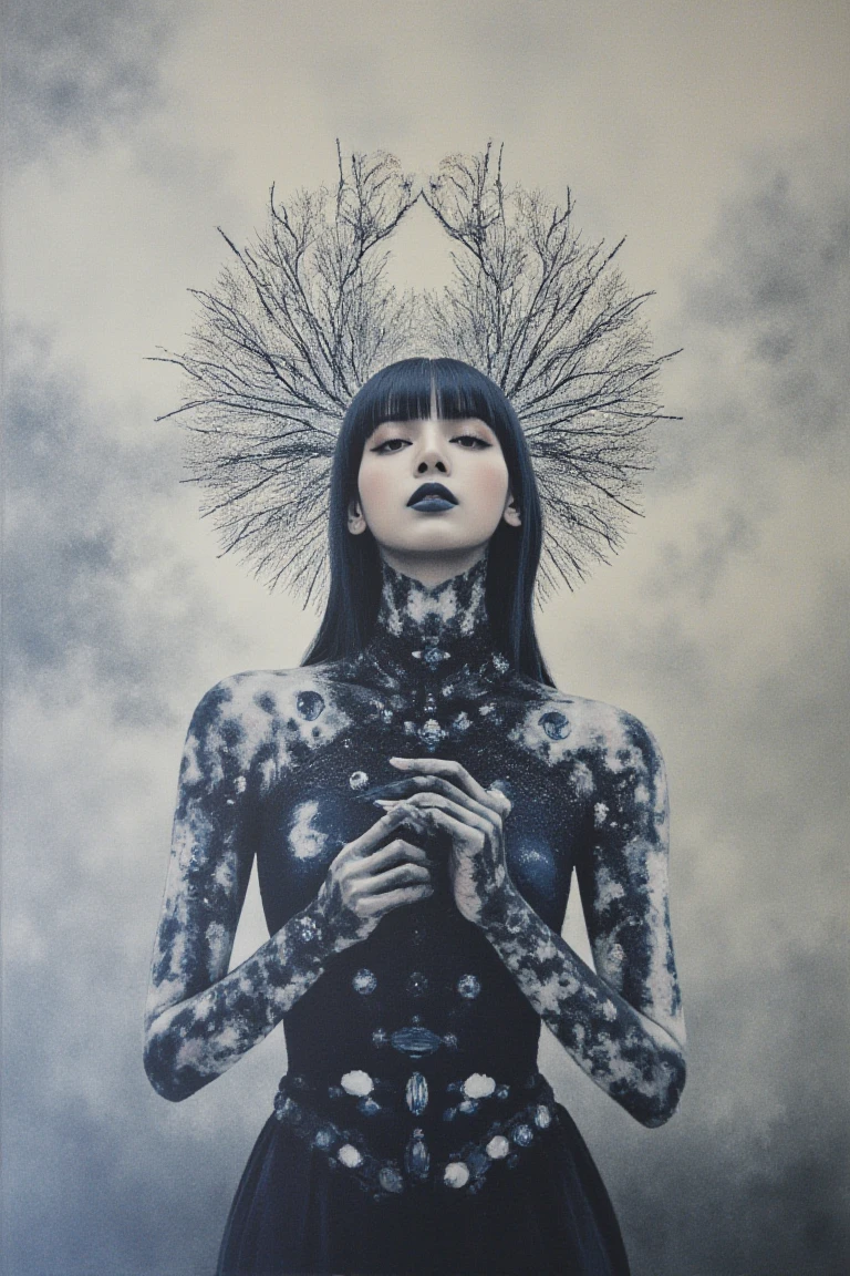 This is a fantasy-themed illustration with a minimalist design. A timeless and elegant fashion editorial, Movie Style. This painting depicts a dark and mysterious young beautiful Korean woman, with a thin figure, thin arms and legs, like an anorexic, reminiscent of an ethereal aura or halo around them. This pattern surrounds the figure, further emphasizing its importance. The work exudes a mysterious and dramatic atmosphere, leaving the viewer guessing about the identity and intentions of its central figure. Suspenseful music, dark visuals, paranormal events, fear Photography. Physical geographic photos. Popular trends on the artist list, surrealism, 16k resolution, intricate details. A mixture of elements, fire, water, wind, earth floating in the air, floating, spinning and flying in the air with transparent fine glass fragments as the carrier. photograph of a young Korean girl emanates an indescribable, almost divine beauty. She has marble-like snow-white skin, small breasts, a petite and slender figure with narrow shoulders and hips. Her legs and arms are very slender, her collarbones are clearly visible, and she is milk poor. Full of vitality, rich in details, award-winning, and professional. her features flushed with arousal, bringing herself to a powerful orgasm. Her eyes showed a bewildered expression, and her mouth is open in a silent scream of pleasure, showcasing her 'orgasm face' - a raw and intimate expression of pure carnality. RAW photo, (masterpiece:1.3), subsurface scattering, heavy shadow, (high quality:1.4), (intricate, high detail:1.2), professional photography, HDR, High Dynamic Range, realistic, ultra realistic, photorealistic, high resolution, film photography, ambient lighting, atmospheric effects, highly detailed and hyper realistic photo of analog film photo of detailed sharp image. The image captures the harmonious blend of bold and dynamic design with refined and understated elegance. The outfit combines sleek, modern tailoring with innovative materials and minimalist, tech-inspired accents, reflecting both contemporary trends and a forward-thinking aesthetic. The overall composition is sleek, minimalistic, and polished, exuding an air of unparalleled luxury and contemporary style. The background is minimalist, allowing the iconic and captivating model to shine in a resplendent, awe-inspiring pose. The artwork emphasizes clean lines, smooth curves, and sleek contours, with bold outlines, crisp shapes, and sharp edges. <lora:Tissue_Lisa_Flux_v1.0-HighRep:1>