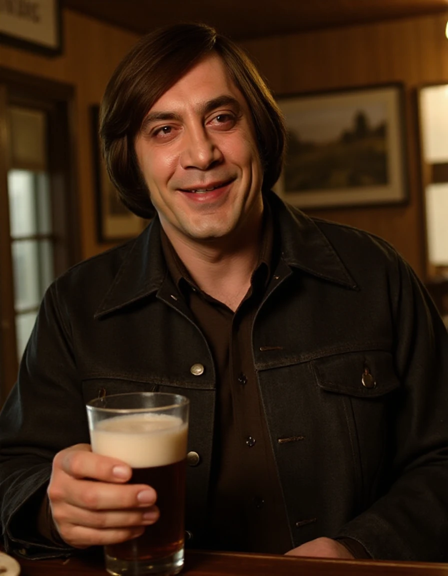 <lora:Anton_Chigurh:0.9> anton chigurh,, realistic, brown hair is smiling and holding a beer in a pub