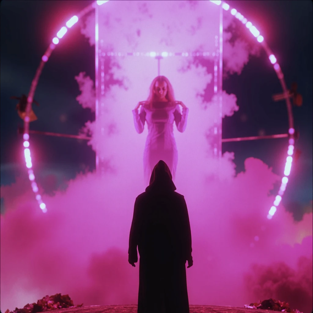 Imagine an image in the style of a dark cyberpunk cathedral of neon and fog, where the hooded figure stands before an energy shield encasing a mysterious woman. The thick, swirling mist is illuminated by a surreal blend of pink and purple lights from the shield, casting dramatic noir shadows. The scene feels gritty and cinematic, as if frozen in a moment of forbidden revelation, infused with an aura of haunting, neon-lit sanctity.