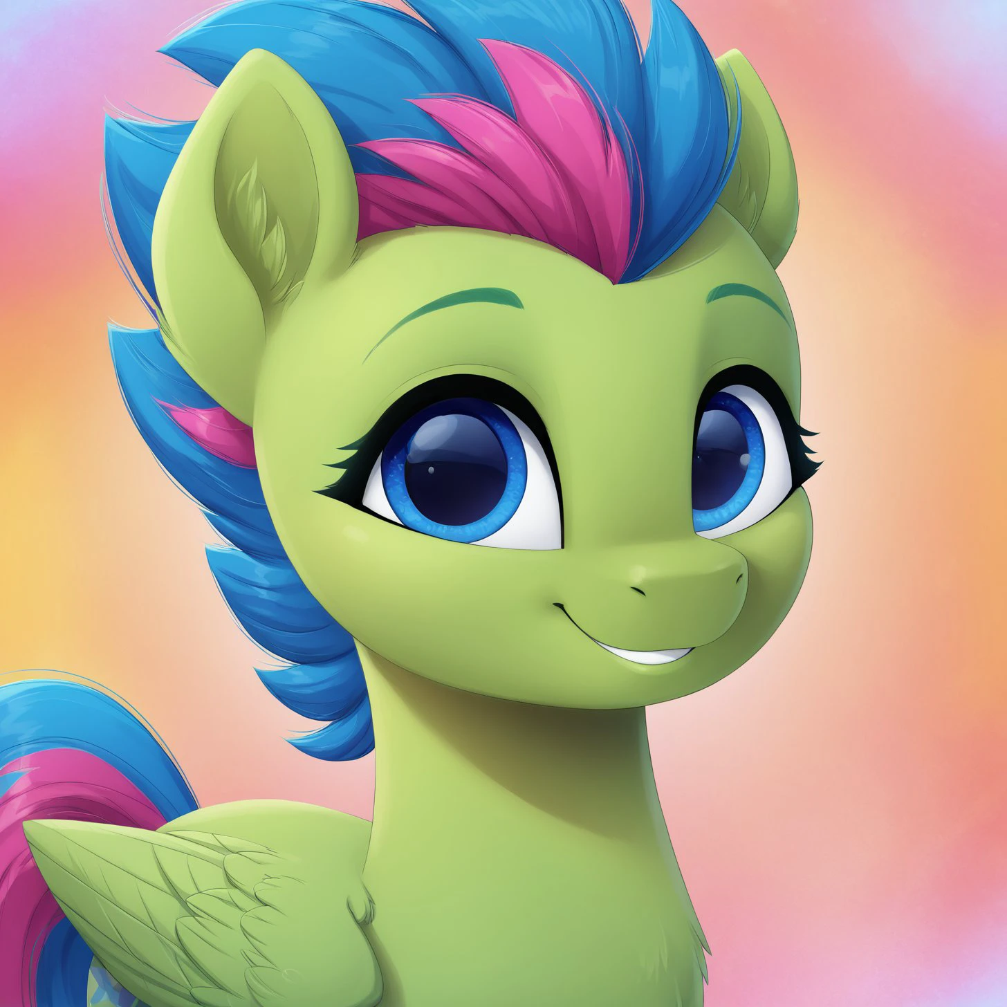 score_9, score_8_up, score_7_up, score_6_up, score_5_up,with beautiful, detailed, (detailed cute pony face), detailed eyes, detailed fur, beautiful, vector, flat colors, (abstract background: 1.8), (looking at you, looking at viewer: 1.5), cute smile, happy, ((close-up)),  <lora:Luminous Dazzle:1>Luminous Dazzle, Body Lime Green,
<lora:mlp_g5 (1):1> <lora:Wholesome_MLP-v1.2:1>