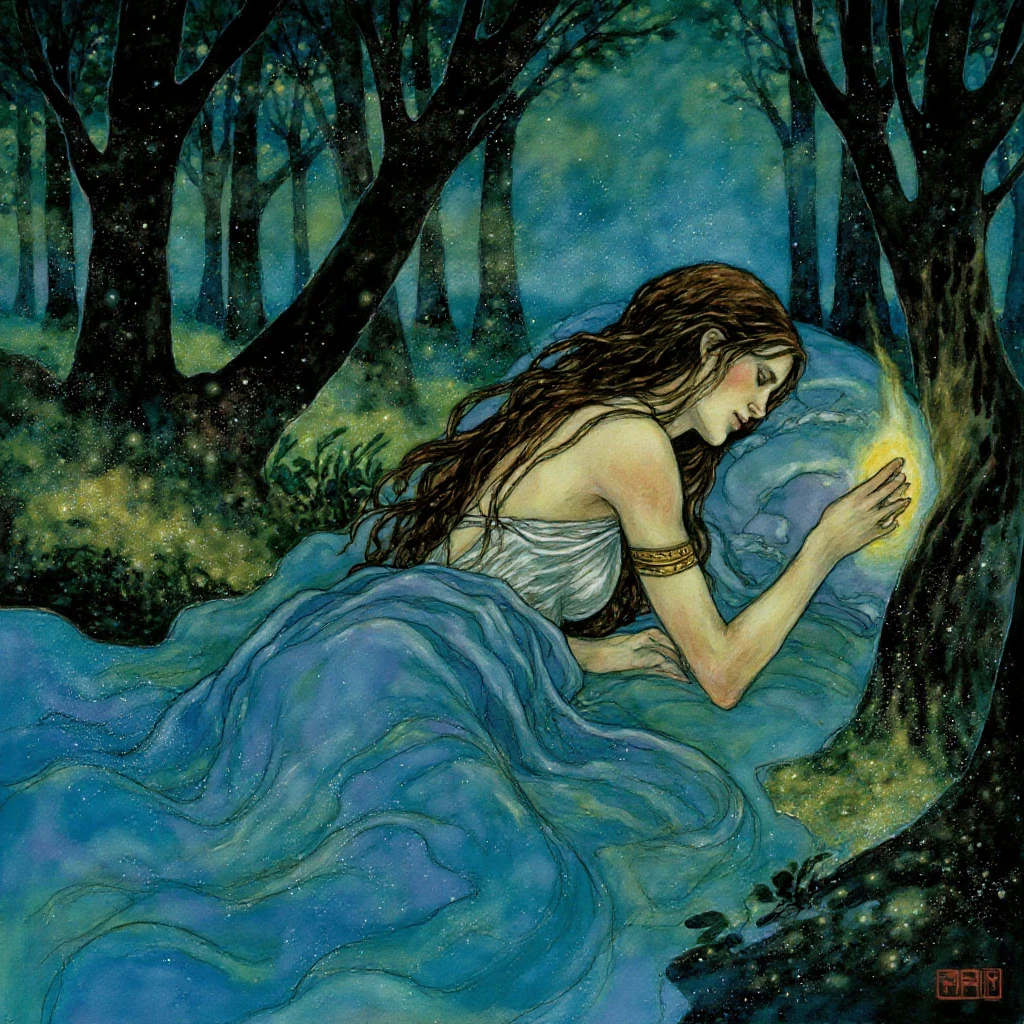 A woman in a bed placed in the magical forest with fireflies. The woman is wearing a fantasy long blue dess around hes body, and long brown hair. Painting in the style of r3b3cc4gu4y artstyle

