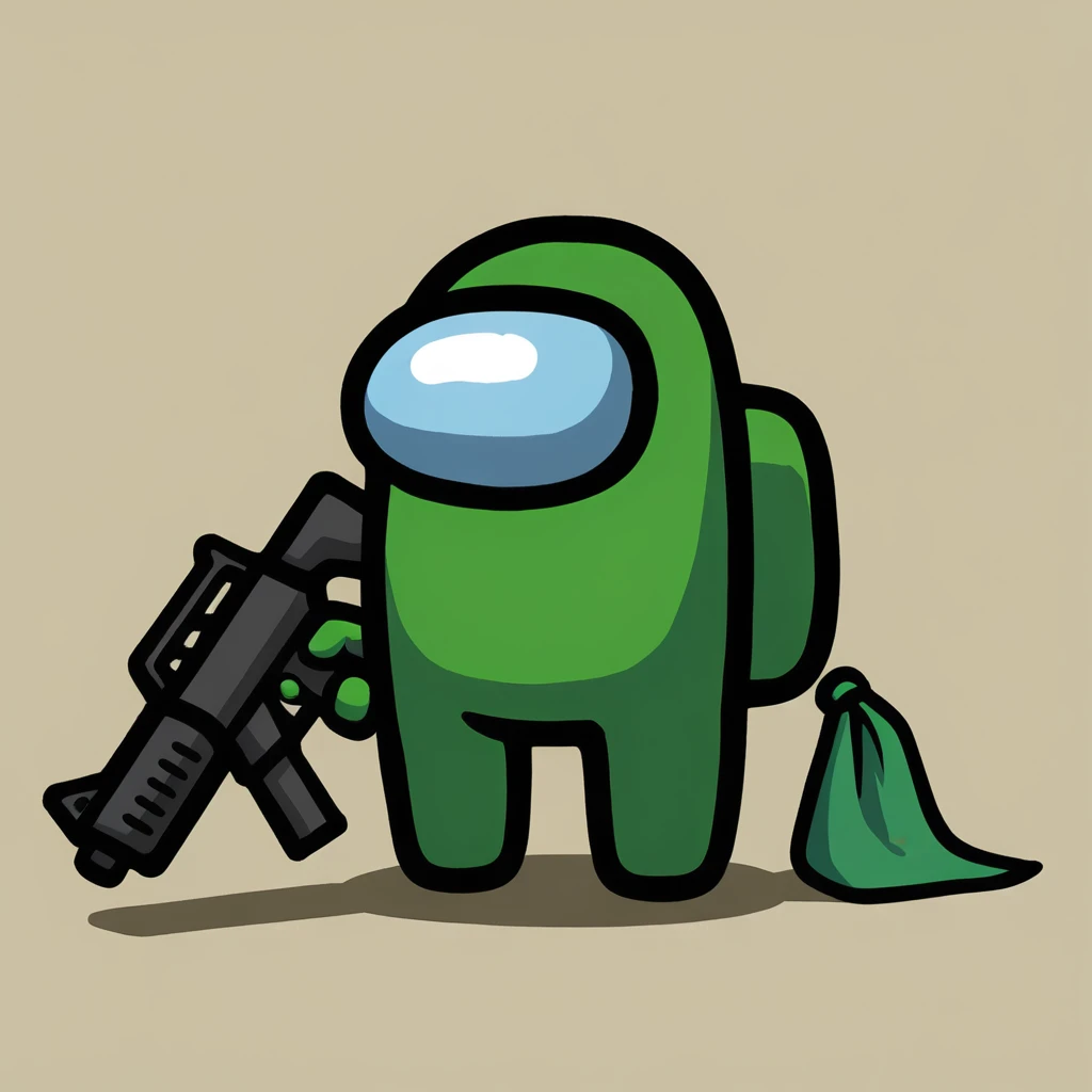 crewmate (among us), spacesuit, space helmet, solo, full body, gangster green cloth, holding a m4a1 gun with two hands,