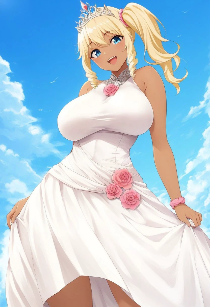 score_9, score_8_up, score_7_up, 1girl, solo, princess meltys, dark-skinned female, large breasts, blonde hair, drill sidelocks, side tail, ganguro, tiara, pink floral scrunchie, white dress, smiling, open mouth,, outdoors, blue sky, dutch angle, cowboy shot,