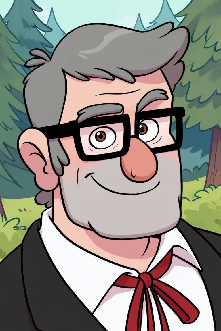 masterpiece, best quality, highres, extremely aesthetic, toon \(style\), stanley pines, 1boy, solo, male focus, mature male, muscular male, plump, old man, short hair, grey hair, brown eyes, thick eyebrows, glasses, black-framed eyewear, facial hair, stubble, sideburns, looking at viewer, smile, formal, black suit, white shirt, red ribbon, standing, upper body, portrait, outdoors, forest, pine tree <lora:Stanley (Stan) Pines - Gravity Falls v1.0 MIX [LoRA] - NoobAI-XL EPS 1.0:0.8>