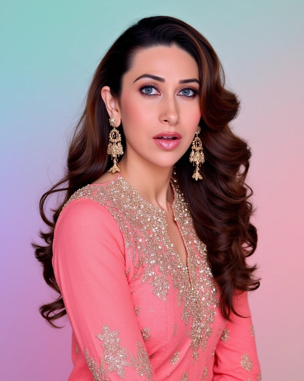 headshot photo of Karisma Kapoor woman,candid photo with natural colors, shouting expression on face,studio quality, wearing intricate conservative long sleeved Pink Churidar Suit, curls, pastel shaded multicolored background, cinematic soft lighting<lora:TestBed\Karisma_Kapoor_Flux_Kohya_V1.safetensors:1.0:1.0>