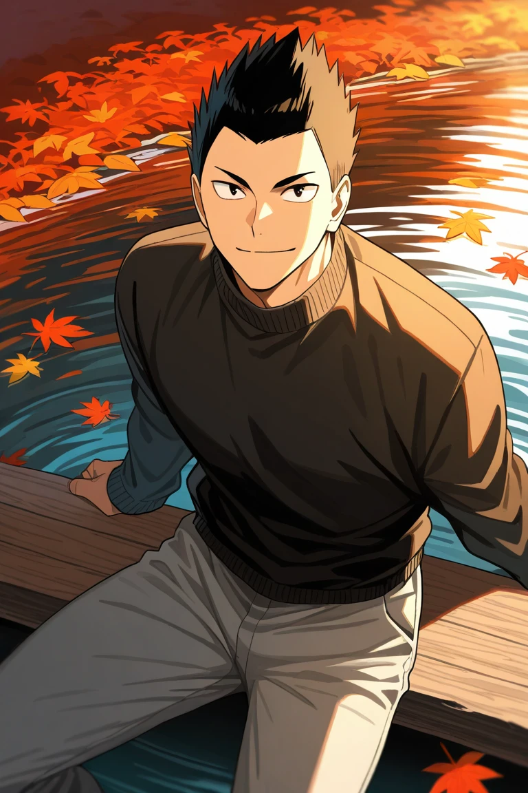 day, natural lighting, autumn theme, autumn leaf, leaves, water, water ripple, male focus, looking up at viewer, sitting, smiling, KindaichiHU, black_KindaichiHU_spiked hair, black_KindaichiHU_eyes, closed mouth, autumn clothes, sweater, pants, manly, 1boy, blurry outdoors, from above, dutch angle, intricately detailed illustration, masterpiece,best quality,amazing quality,very aesthetic,absurdres,newest