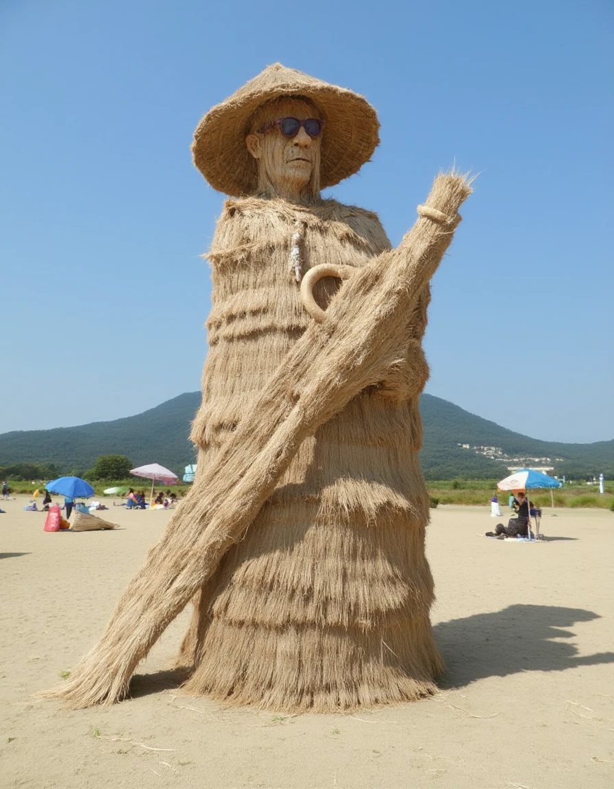 a distrw style sculpture of a beach scene with colorful umbrellas <lora:straw-sculptures_v10_rank16_bf16-step00945:1>