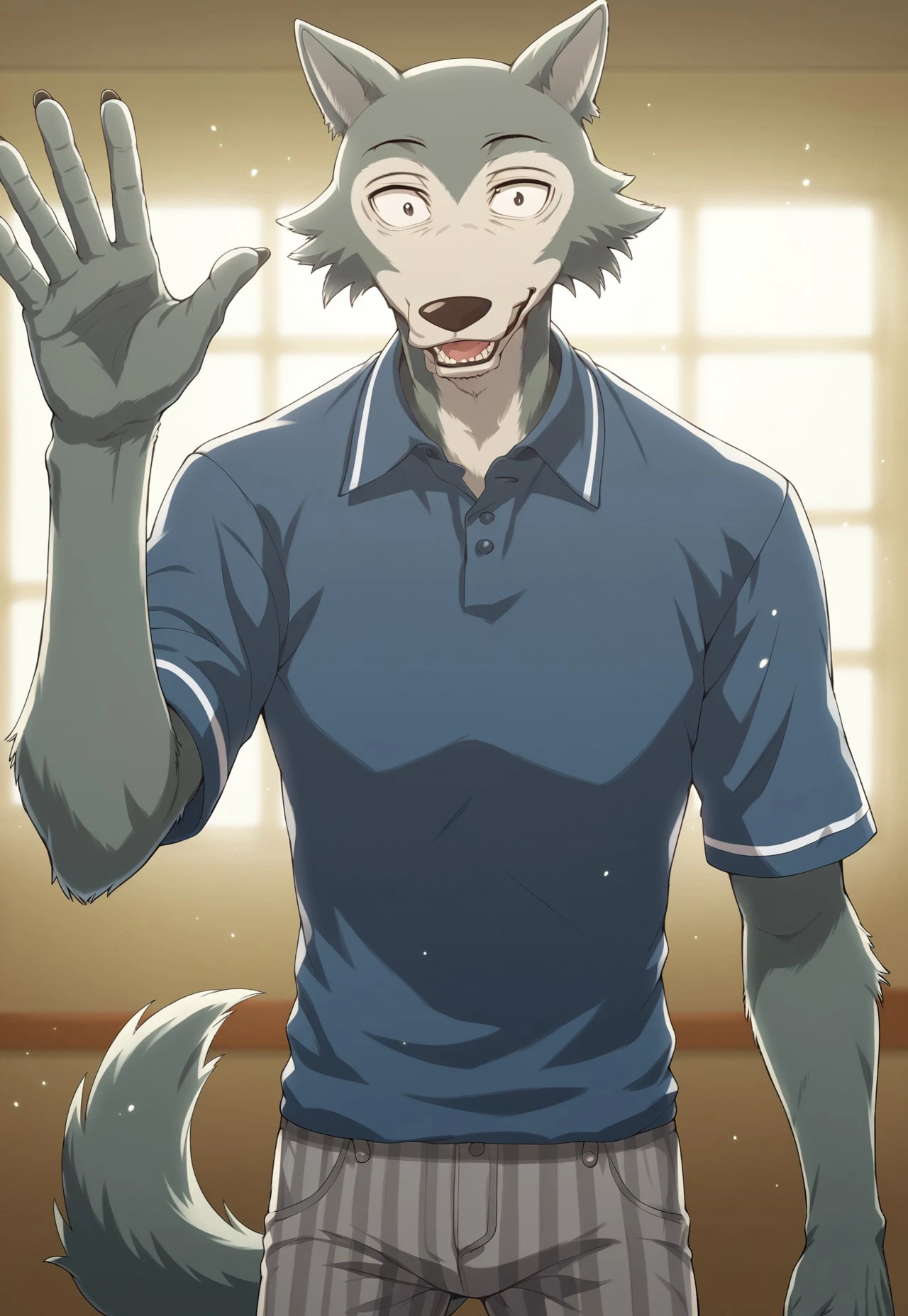 score_9, score_8_up, score_7_up, bold lines, indoors, backlight, particles, blurred background, pose, Leg0shi, Wolf, Black Eyes, Blue Shirt, Gray Striped Pants, fur, looking at viewer, smile, open mouth, mature male, solo, anthro, waving