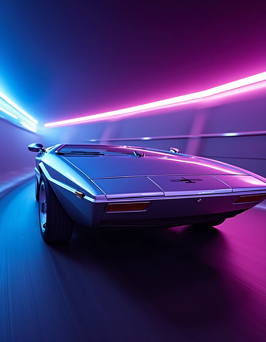 mas3r,Side view of a silver 1972 Maserati Boomerang speeding down a futuristic neon-lit road. Bright, colorful light trails in shades of cyan, magenta, and purple streak along the background, casting dynamic reflections on the car's angular body. The sharp lines of the Boomerang are accentuated by the glowing ambiance of the neon lights