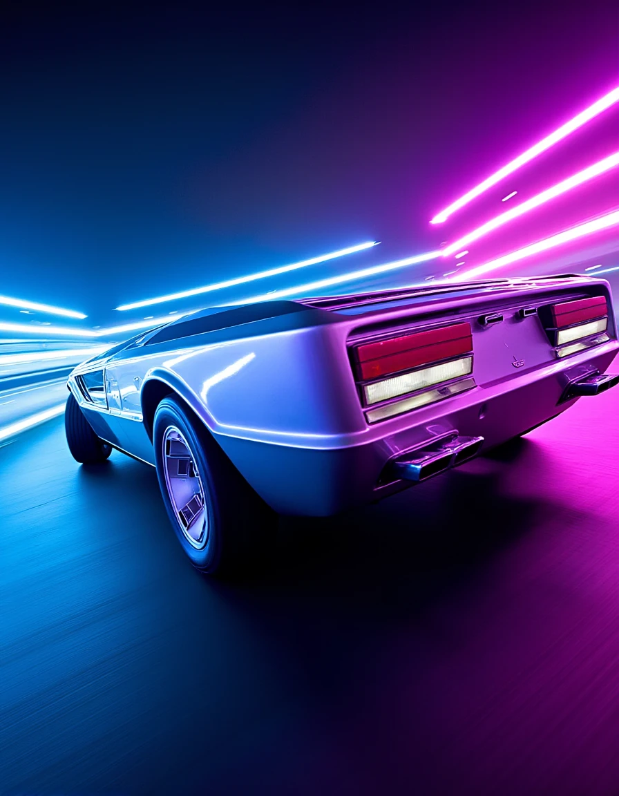 mas3r,Side view of a silver 1972 Maserati Boomerang speeding down a futuristic neon-lit road. Bright, colorful light trails in shades of cyan, magenta, and purple streak along the background, casting dynamic reflections on the car's angular body. The sharp lines of the Boomerang are accentuated by the glowing ambiance of the neon lights