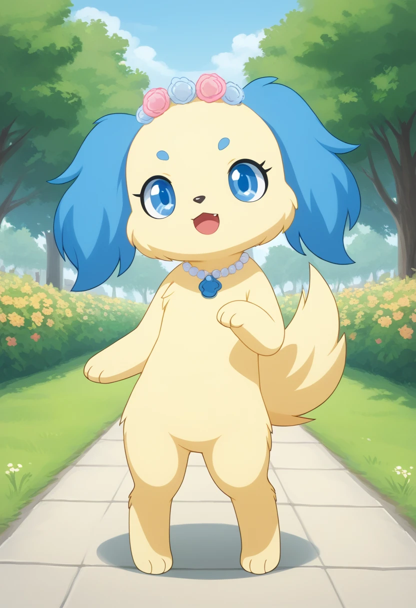 score_9, score_8_up, score_7_up, score_6_up, score_5_up, BREAK
Sapphie, anthro, female, jewelpet, yellow fur, blue ears, solo, looking at viewer, open mouth, blue eyes, jewelry, standing, full body, flower, necklace, no humans, furry, dog, park, dynamic pose, yellow tail