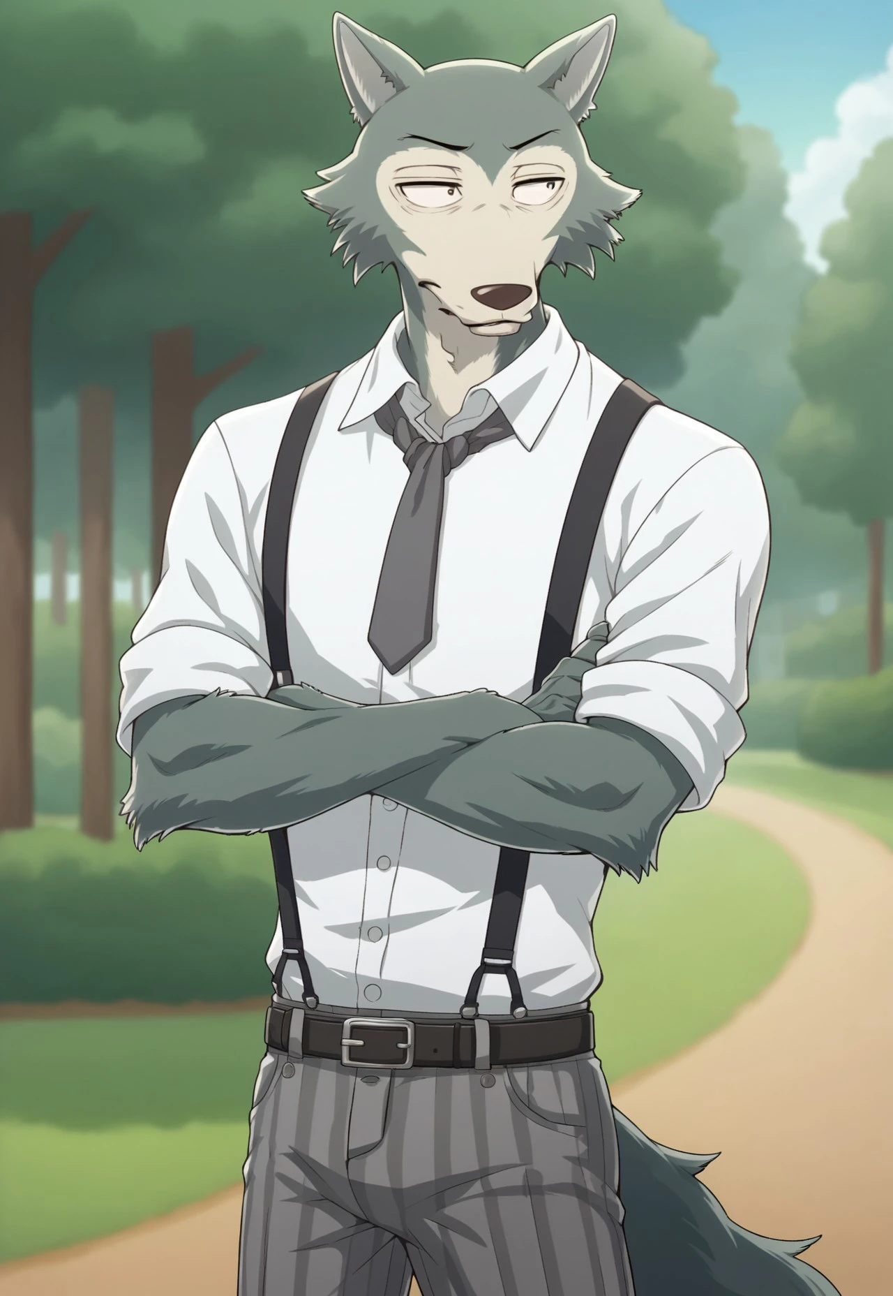 score_9, score_8_up, score_7_up, bold lines, at park, blurred background, dynamic, Leg0shi, Wolf, Black Eyes, Suspenders, Belt, White Shirt, Grey Necktie, Gray Striped Pants, fur, looking away, half closed eyes, mature male, solo, anthro, crossed arms