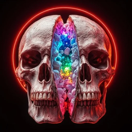 multicolored vortex of light., is adorned with intricate, likely a human skull, otherworldly appearance., revealing a cavity filled with a cluster of large, white material that resembles marble or alabaster. The head is split down the middle, showcasing a surreal, This is a digital artwork rendered in a highly stylized, piercing red light