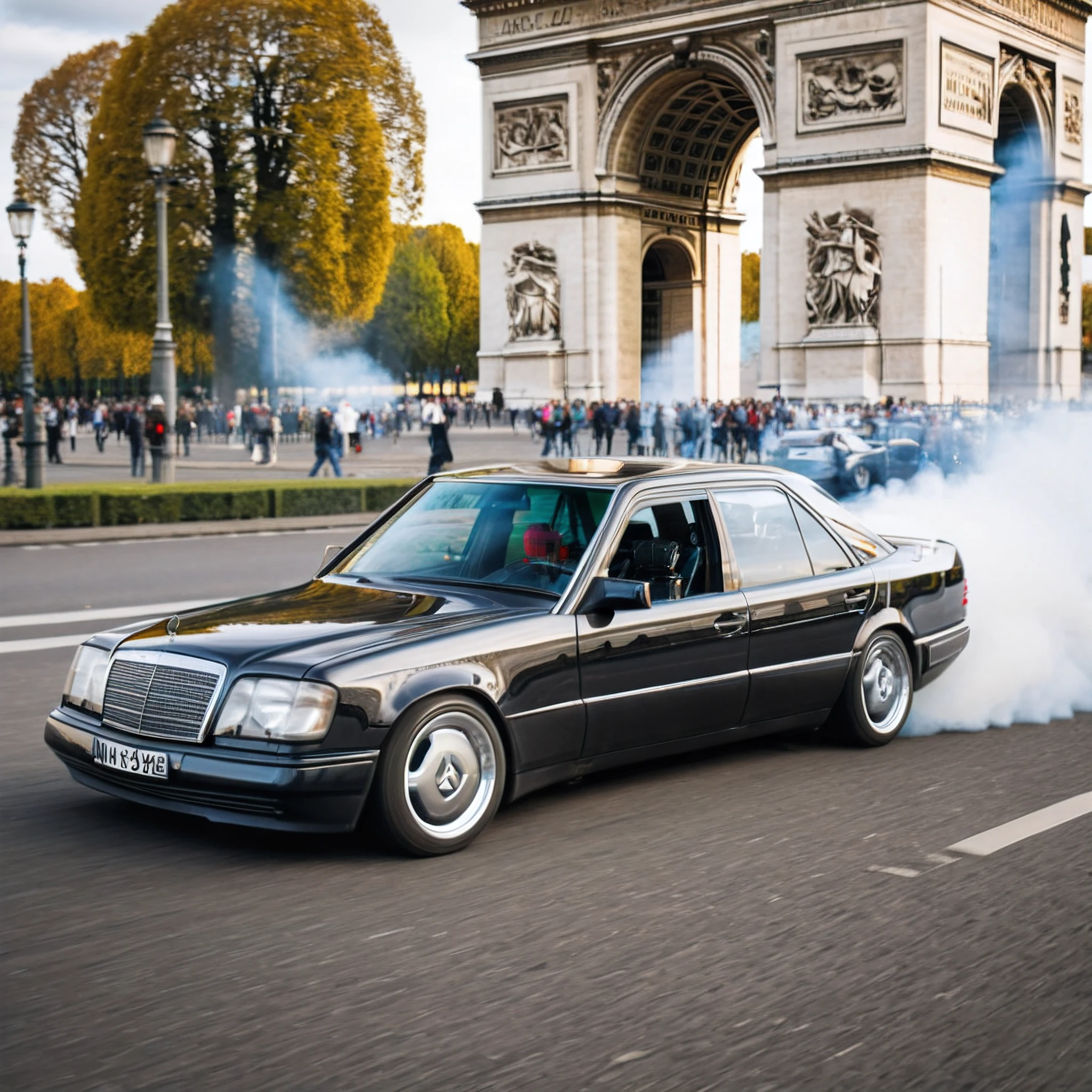 photography of a (black) mercedes W124,  gleaming, drifting, doing a smoky burnout, at the arc de triomphe in paris,  reflections, driving fast<lora:wx124sdxl:1>