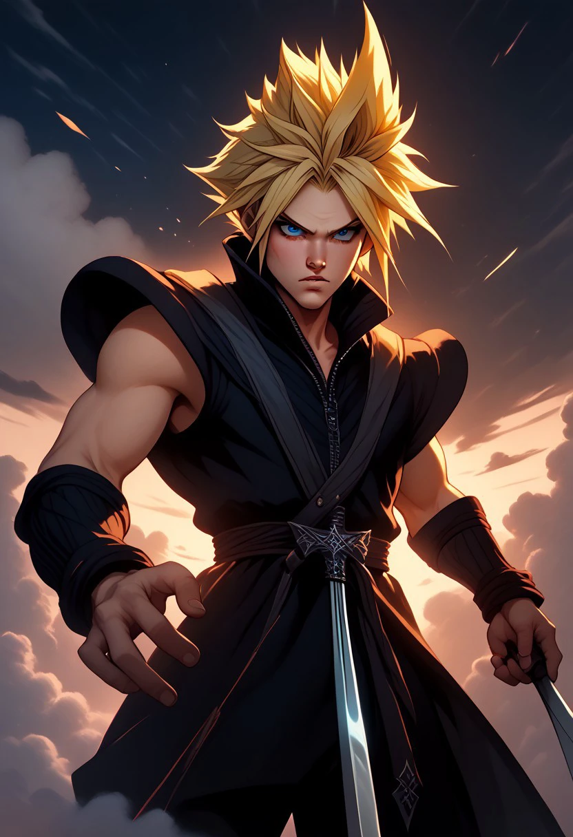 PonyXLV6_Scores BREAK  pearlescent, (Cloud Strife:1.3) from Final Fantasy, (1 boy:1.2) with (blonde hair:1.3) and (blue eyes:1.3), in a dynamic fighting stance, holding the iconic (Buster Sword:1.5). He stands solo outdoors, aiming directly at the viewer, showcasing dramatic foreshortening. The scene is infused with an (epic aura:1.4), emphasizing his determination and strength., cinematic angle, cinematic lighting