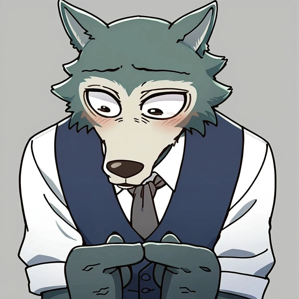 score_9, score_8_up, score_7_up, source_furry, simple background, the hand is held in a shy pose, the fingertips touching each other, only head, no body, Leg0shi, Wolf, Black Eyes, Blue Vest, White Shirt, Grey Necktie, Gray Striped Pants, male, solo, anthro