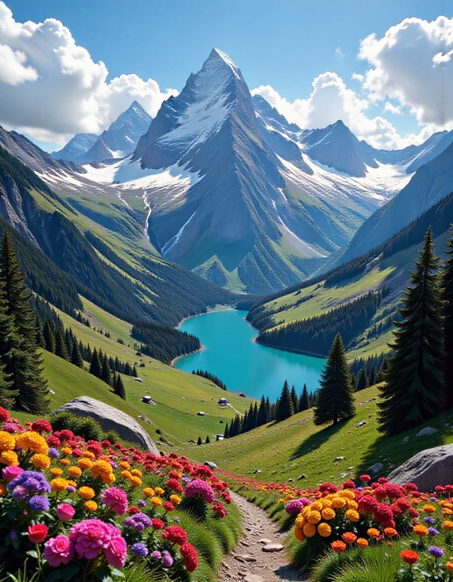 A stunning and colorful mountain landscape in the Swiss Alps with vivid and vibrant colors of mountains, lakes, and forests. Hyper-realistic, highly detailed,4K, HDR, vivid colors, vibrant hue