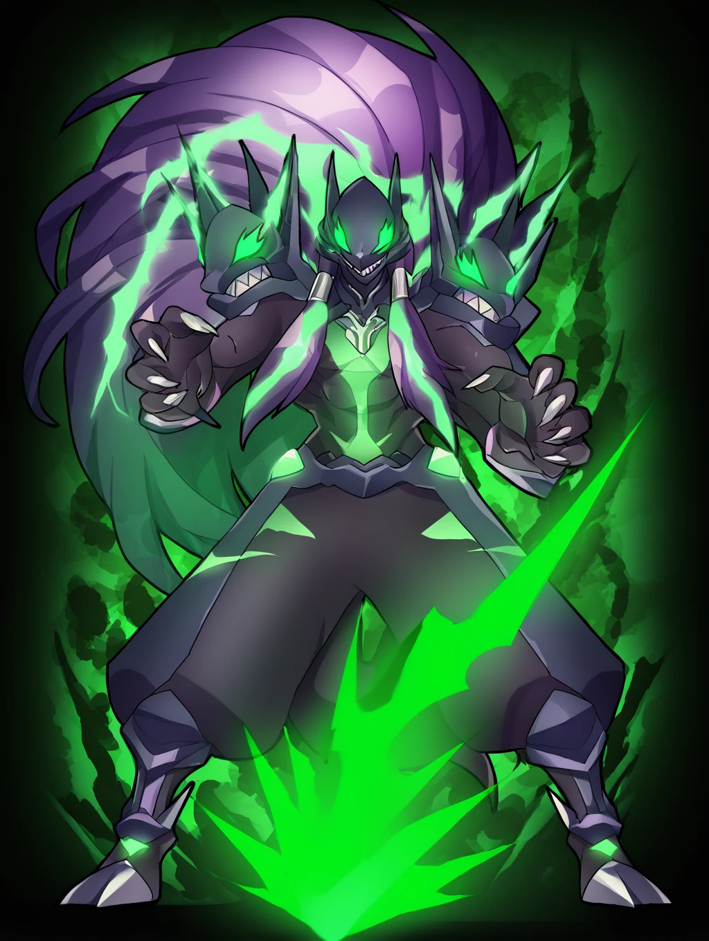 score_9, score_8_up, <lora:Susanoo_BlazBlue:1> Susano'o, humanoid, green eyes, no pupils, purple hair, green hair, two-tone hair, long hair, claws, sharp teeth, tail, black body, green body, two-tone body, black pants, smile, glowing, glowing body, glowing eyes, green energy, green sword, energy sword, wielding weapon, <lora:senmu0107_v2:1.2> senmu0107